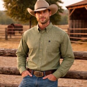 Cinch Mens Plaid Long Sleeve Button Down Shirt Small Western Cowboy‎ Green White